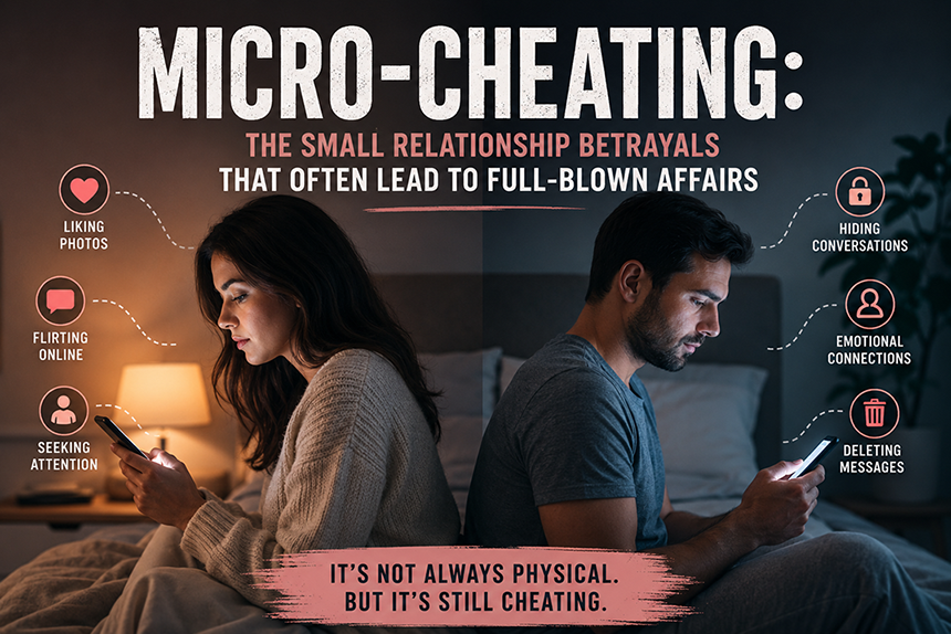 Micro-cheating illustration of a couple emotionally disconnected by smartphones, hidden conversations, and trust issues.